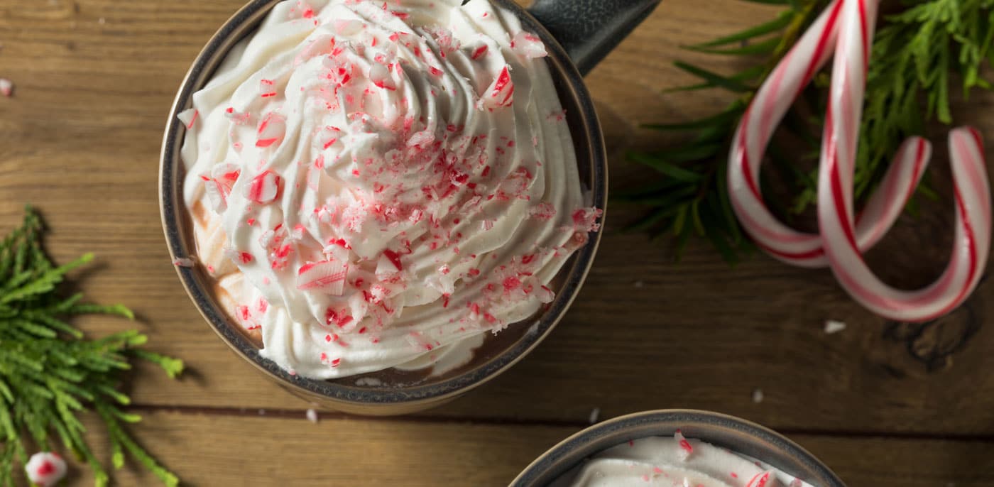 Mug of warm peppermint hot chocolate with whipped cream and crushed peppermint on top